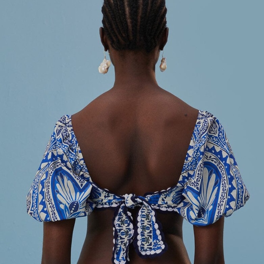 Farm Rio Tile Dream Puff Sleeve Bikini Top - Picture 2 of 12